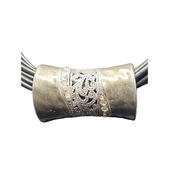 Black multi strand necklace with treated cord silver tone filigree rhinestone pe - Picture 6 of 8